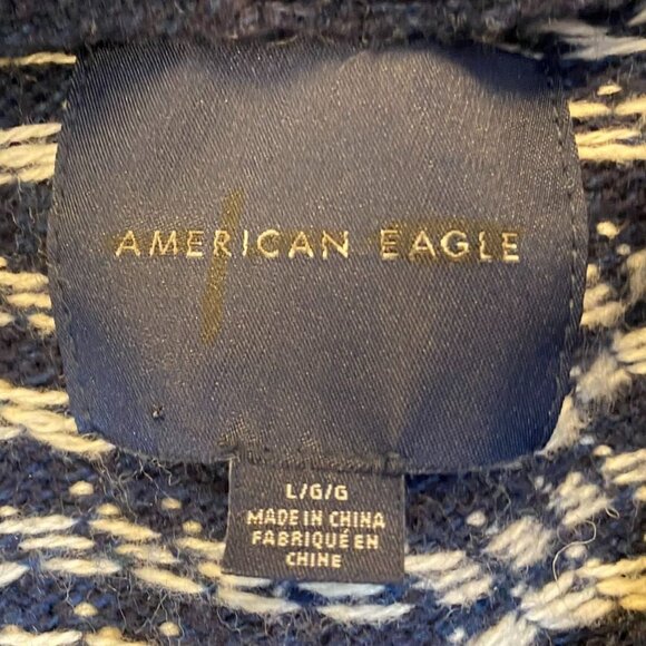American Eagle Men's Birds Eye Sweater Large Navy & White Patterned Shawl Collar - Picture 3 of 7